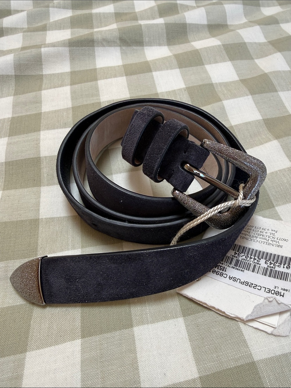 Brunello Cucinelli NWT Suede Leather navy Belt with Metallic Buckle